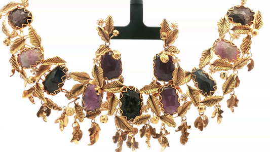 Baroque Rose-Cut Tourmaline and Leaf Motif Gold Statement Bib Necklace
