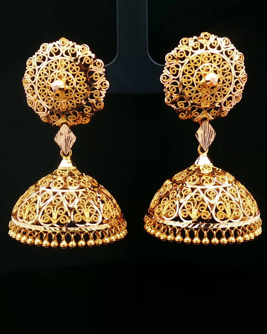 Ornate Yellow Gold Filigree Jhumka Dangle Earrings