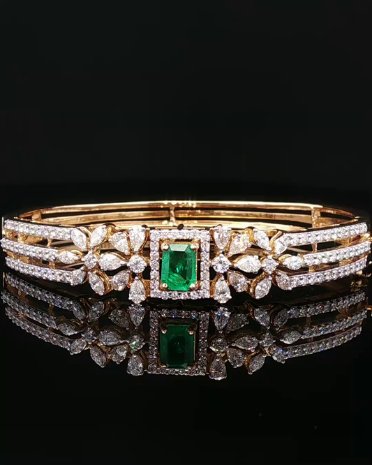 Emerald and Pear-Cut Diamond Floral Halo Yellow Gold Bangle