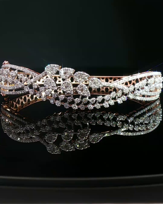 Pear and Round Brilliant Diamond Floral Cluster Rose Gold Bangle