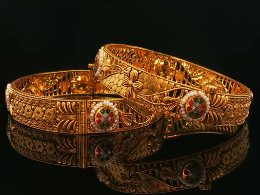 Ornate Yellow Gold Filigree Bangles with Pearl Accents and Mosaic Inlay