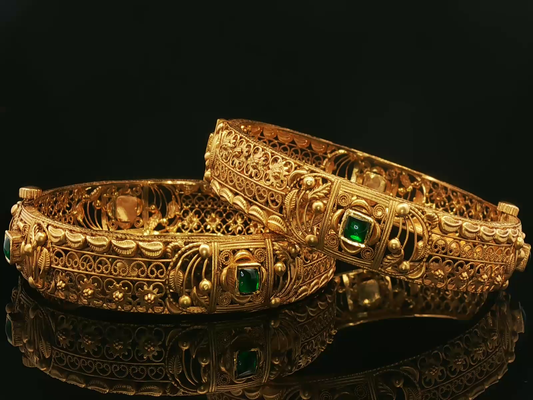 Ornate Yellow Gold Filigree Bangles with Square Cabochon Emeralds