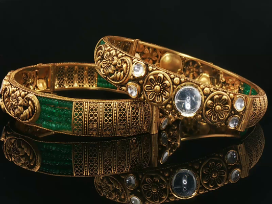 Ornate Yellow Gold Floral Bangle Set with Emerald Beads and Clear Accents