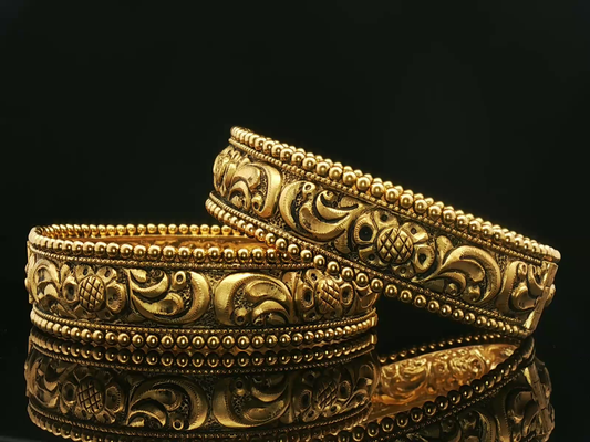 Ornate Antique Style Yellow Gold Engraved Bangles with Beaded Bordered Pair