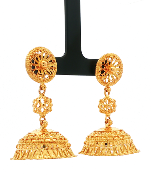 Traditional Yellow Gold Filigree Jhumka Dangle Earrings