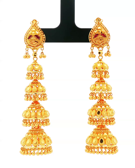 Yellow Gold Multi-Tiered Traditional Jhumka Dangle Earrings