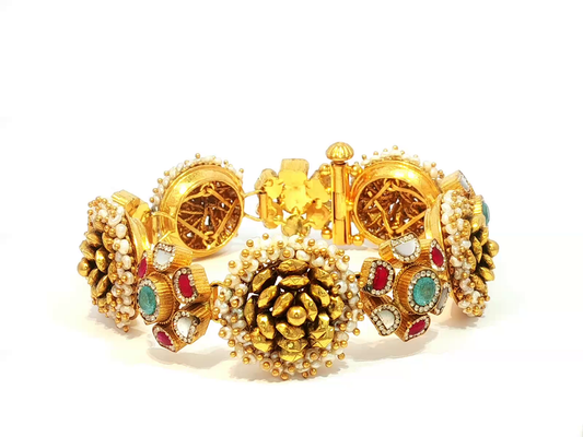 Traditional Yellow Gold Floral Motif Bangle with Seed Pearls
