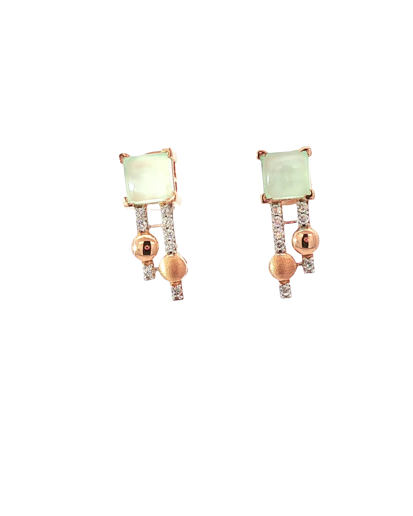 Elegant Rose Gold Square Cabochon Jade and Round Brilliant Diamond Drop Earrings