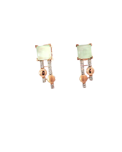 Elegant Rose Gold Square Cabochon Jade and Round Brilliant Diamond Drop Earrings