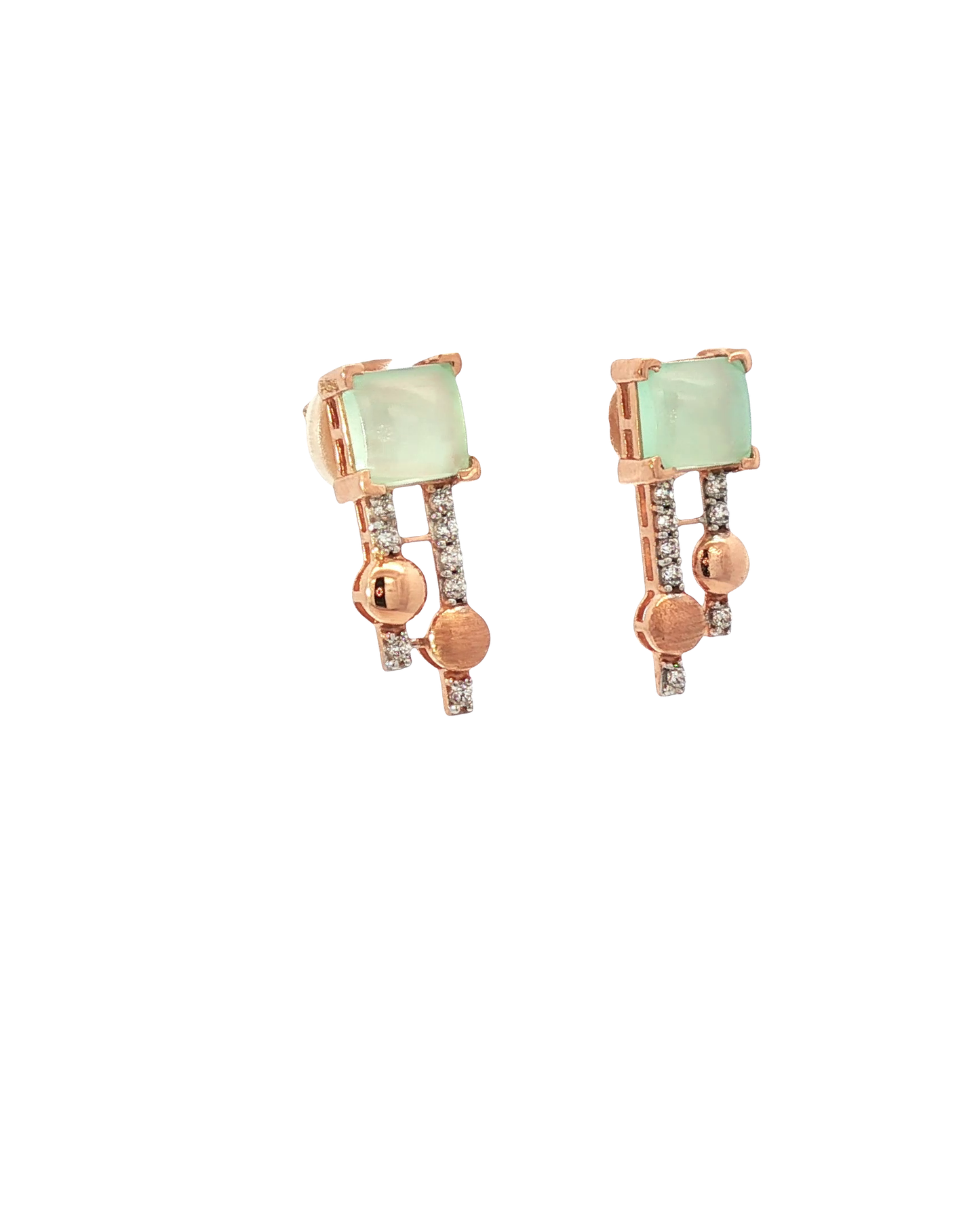 Elegant Rose Gold Square Cabochon Jade and Round Brilliant Diamond Drop Earrings