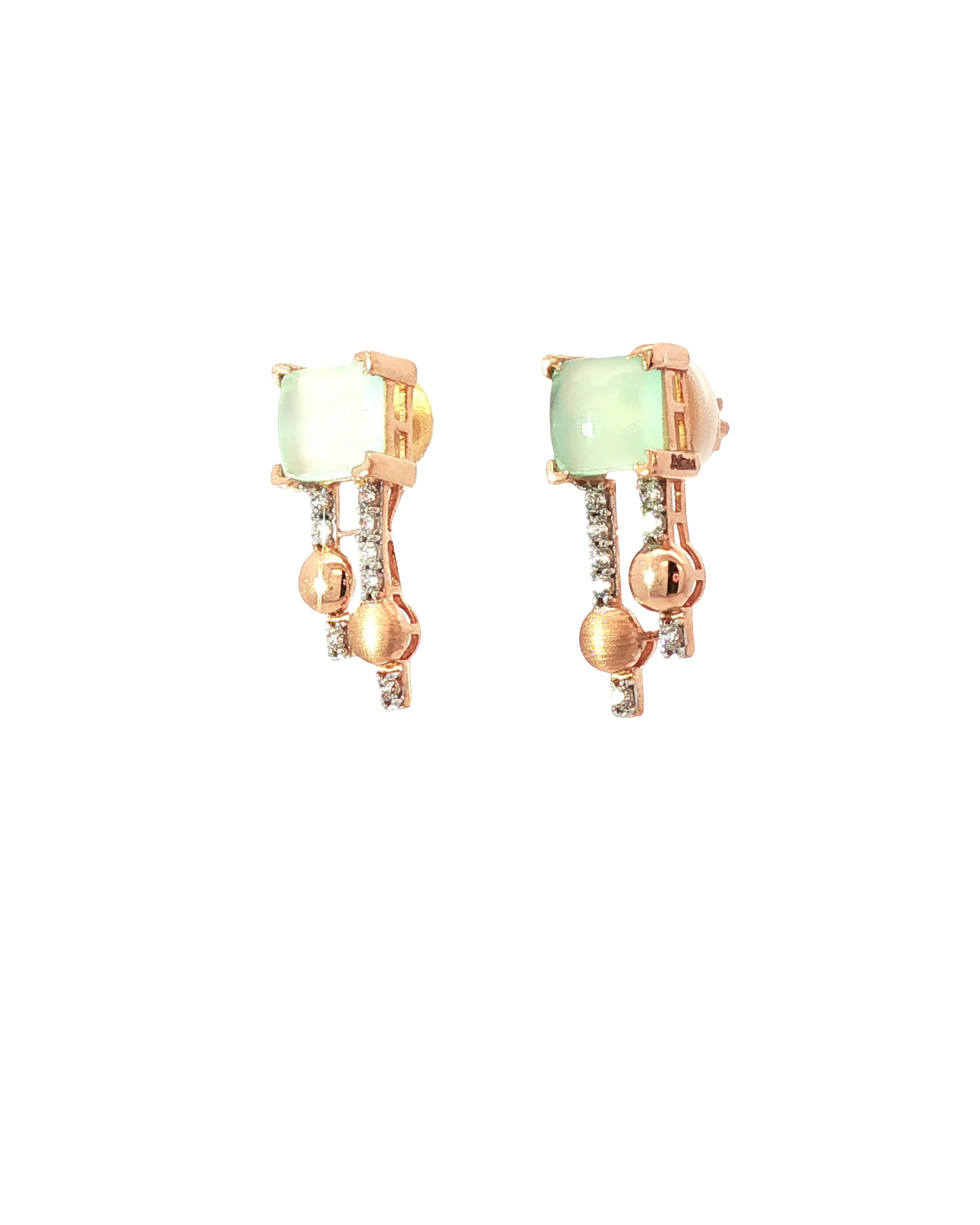Elegant Rose Gold Square Cabochon Jade and Round Brilliant Diamond Drop Earrings