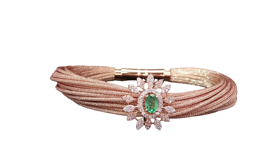 Elegant Oval Green Emerald and Pear Brilliant Diamond Rose Gold Chain Bracelet