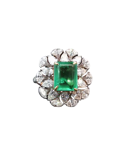 Natural Emerald Cut Green Emerald Statement Cocktail Ring in White Gold