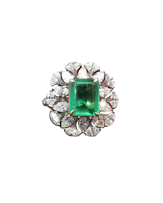 Natural Emerald Cut Green Emerald Statement Cocktail Ring in White Gold