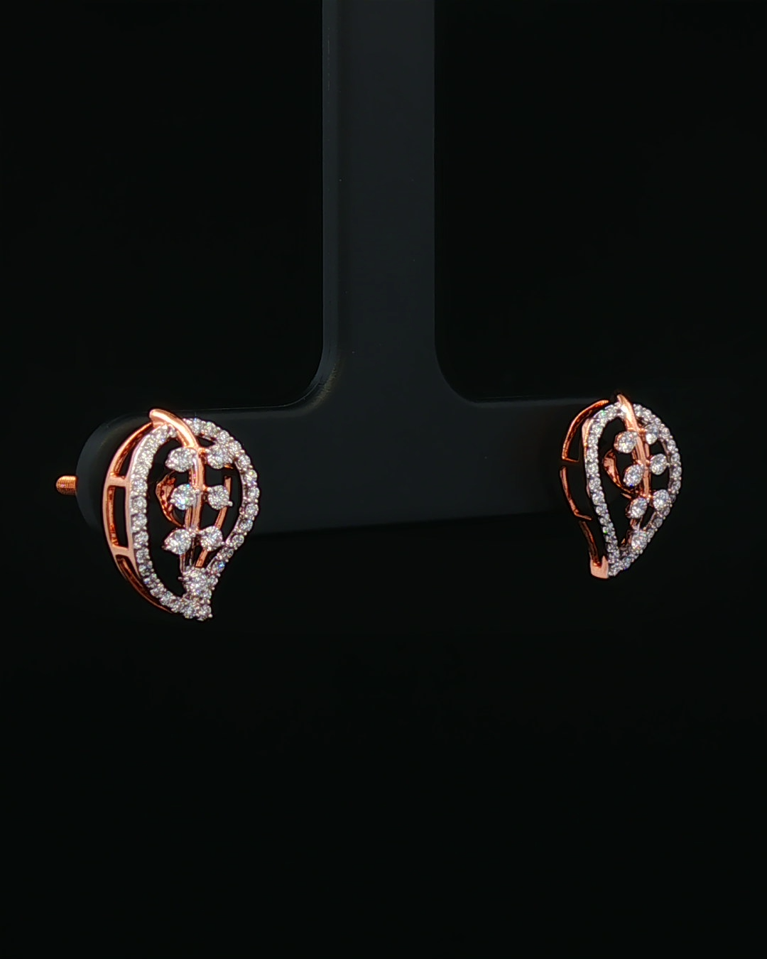 Diamond Leaf Motif Rose Gold Openwork Stud Earrings