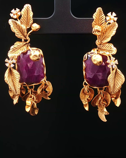 Vintage Botanical Motif Ruby and Diamond Gold Dangle Earrings