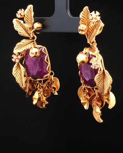 Vintage Botanical Motif Ruby and Diamond Gold Dangle Earrings