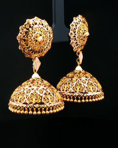 Ornate Yellow Gold Filigree Jhumka Dangle Earrings