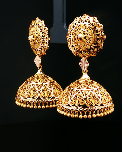 Ornate Yellow Gold Filigree Jhumka Dangle Earrings
