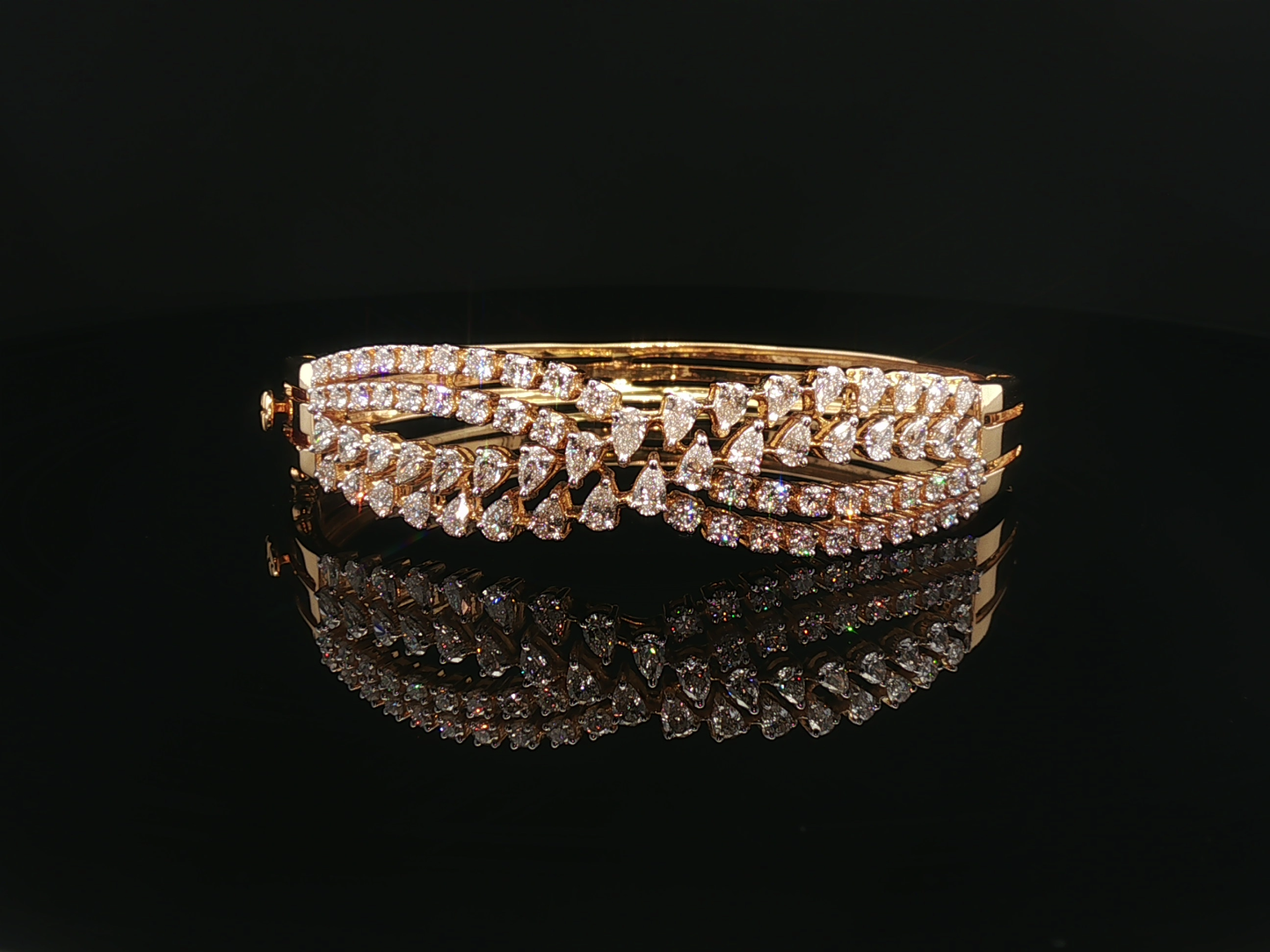 Multi-Strand Pear and Round Brilliant Diamond Bangle in 18k Yellow Gold