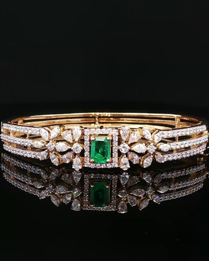 Emerald and Pear-Cut Diamond Floral Halo Yellow Gold Bangle