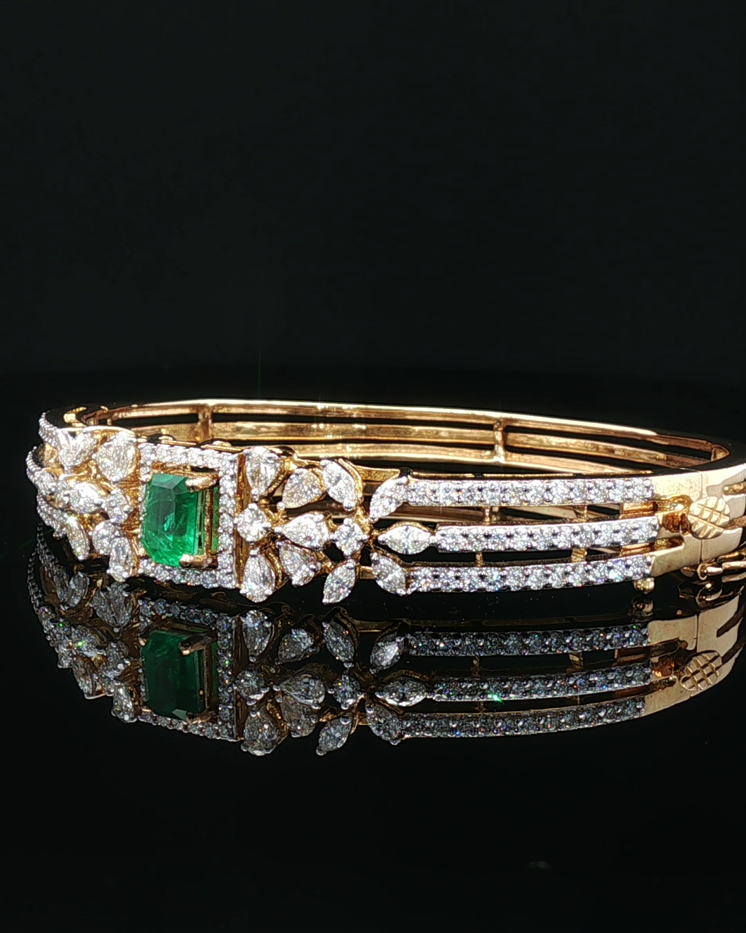 Emerald and Pear-Cut Diamond Floral Halo Yellow Gold Bangle