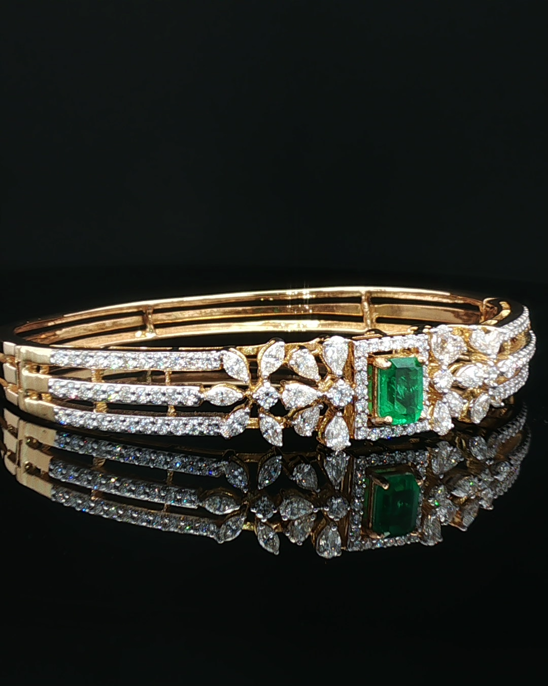 Emerald and Pear-Cut Diamond Floral Halo Yellow Gold Bangle