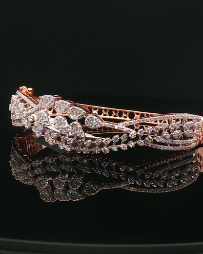 Floral Foliate Diamond Bypass Bangle in Rose Gold