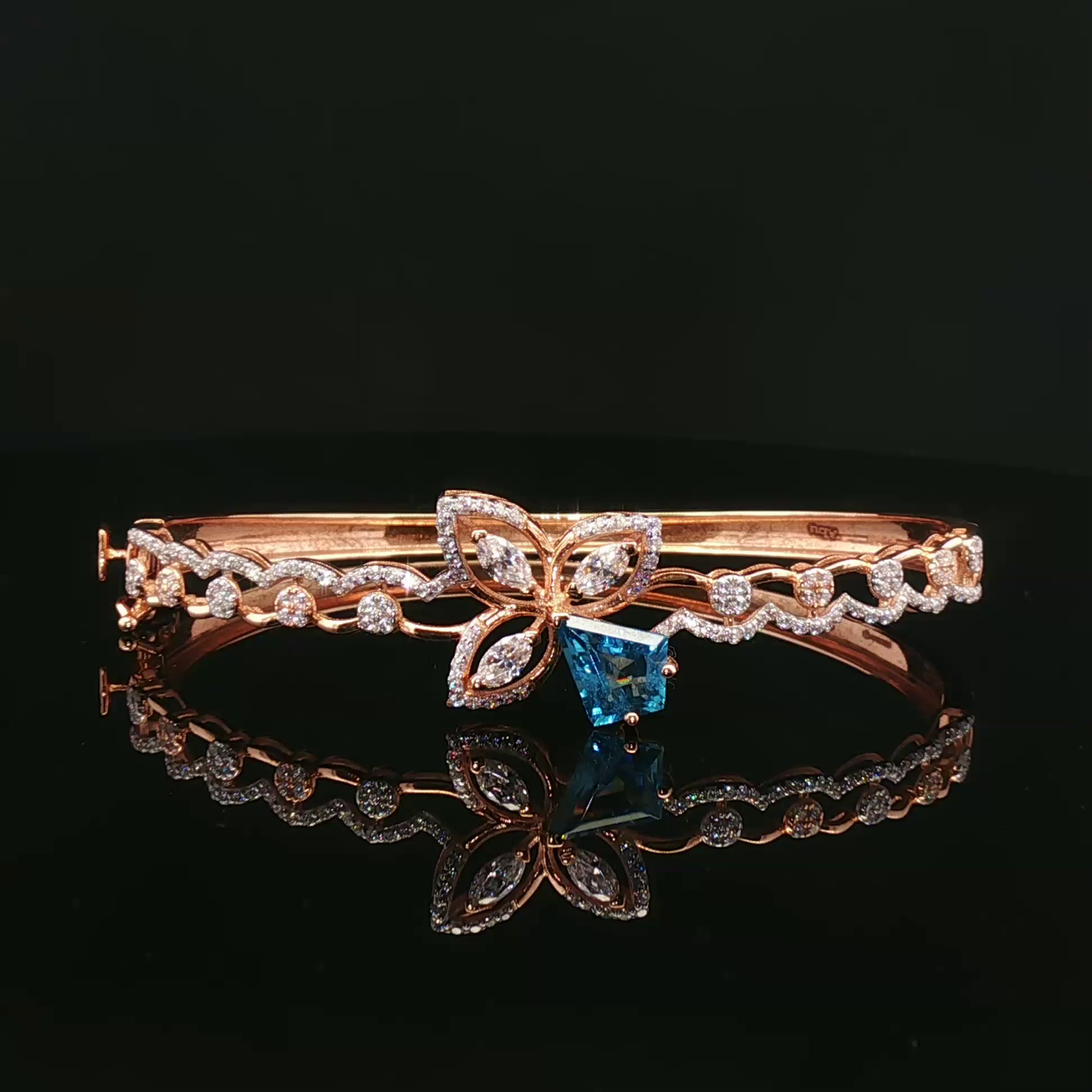 Floral Rose Gold Bangle with Kite-Cut Blue Topaz and Marquise Diamonds