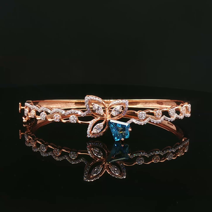 Floral Rose Gold Bangle with Kite-Cut Blue Topaz and Marquise Diamonds