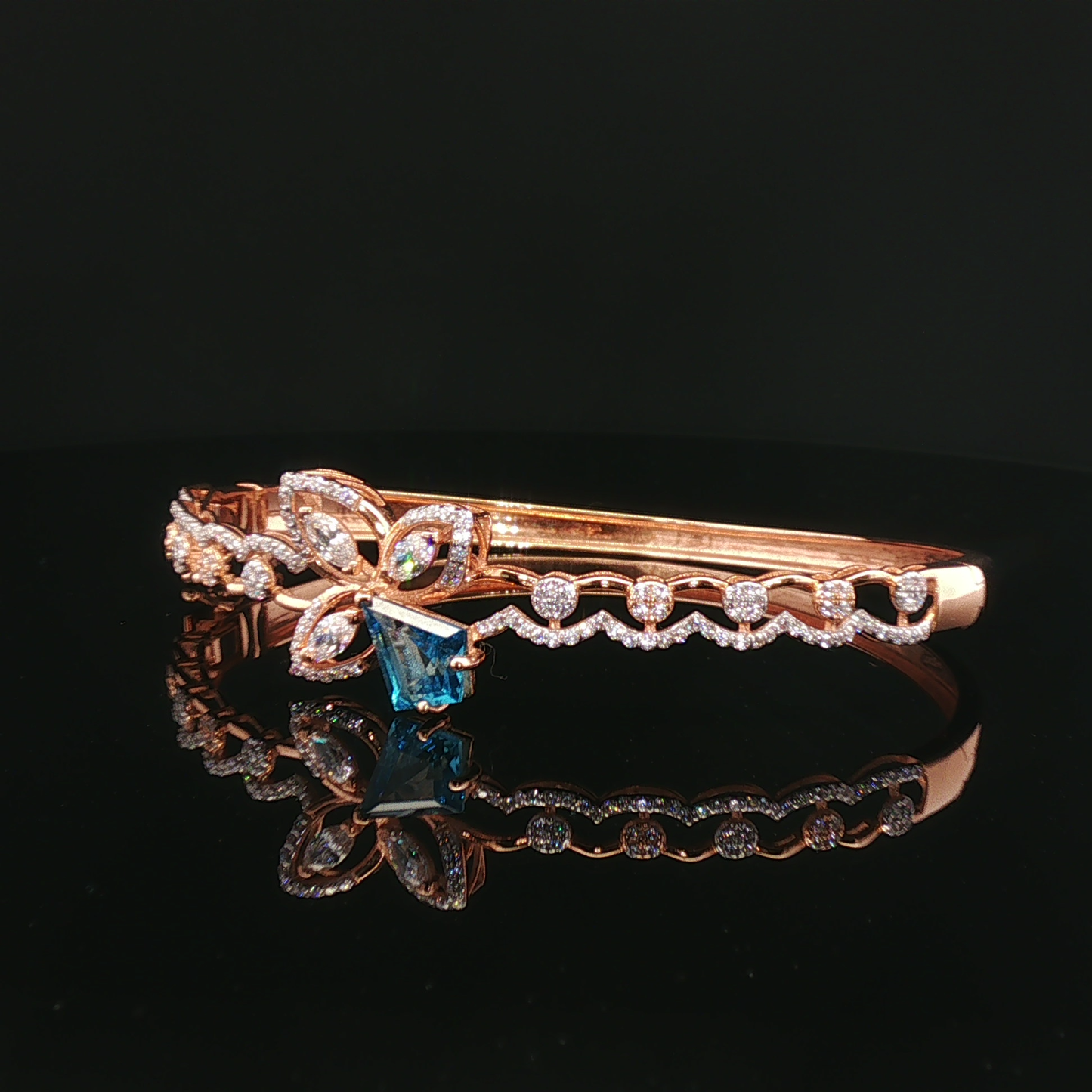 Floral Rose Gold Bangle with Kite-Cut Blue Topaz and Marquise Diamonds