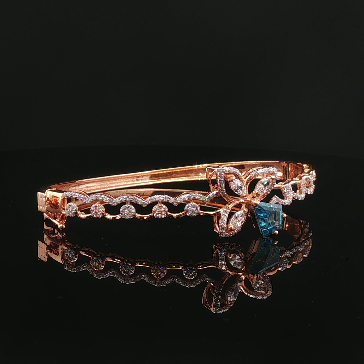 Floral Rose Gold Bangle with Kite-Cut Blue Topaz and Marquise Diamonds