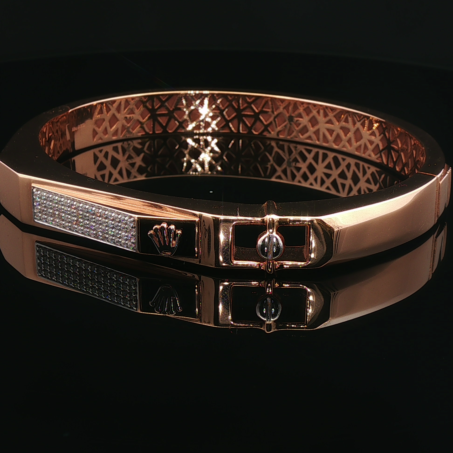 Rose Gold Diamond Pavé Geometric Hinged Bangle