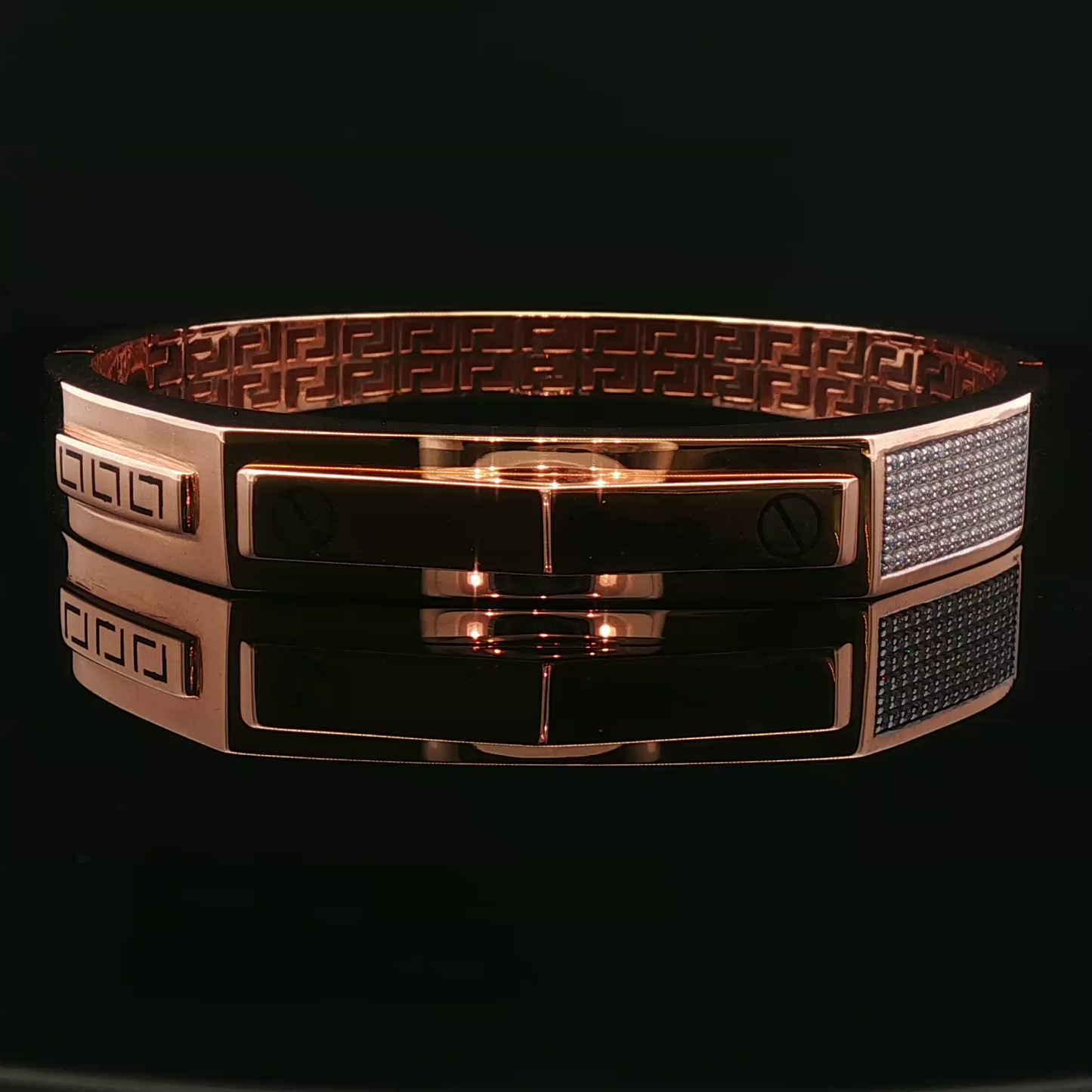 Rose Gold Geometric Diamond Pave Bangle with Greek Key Interior