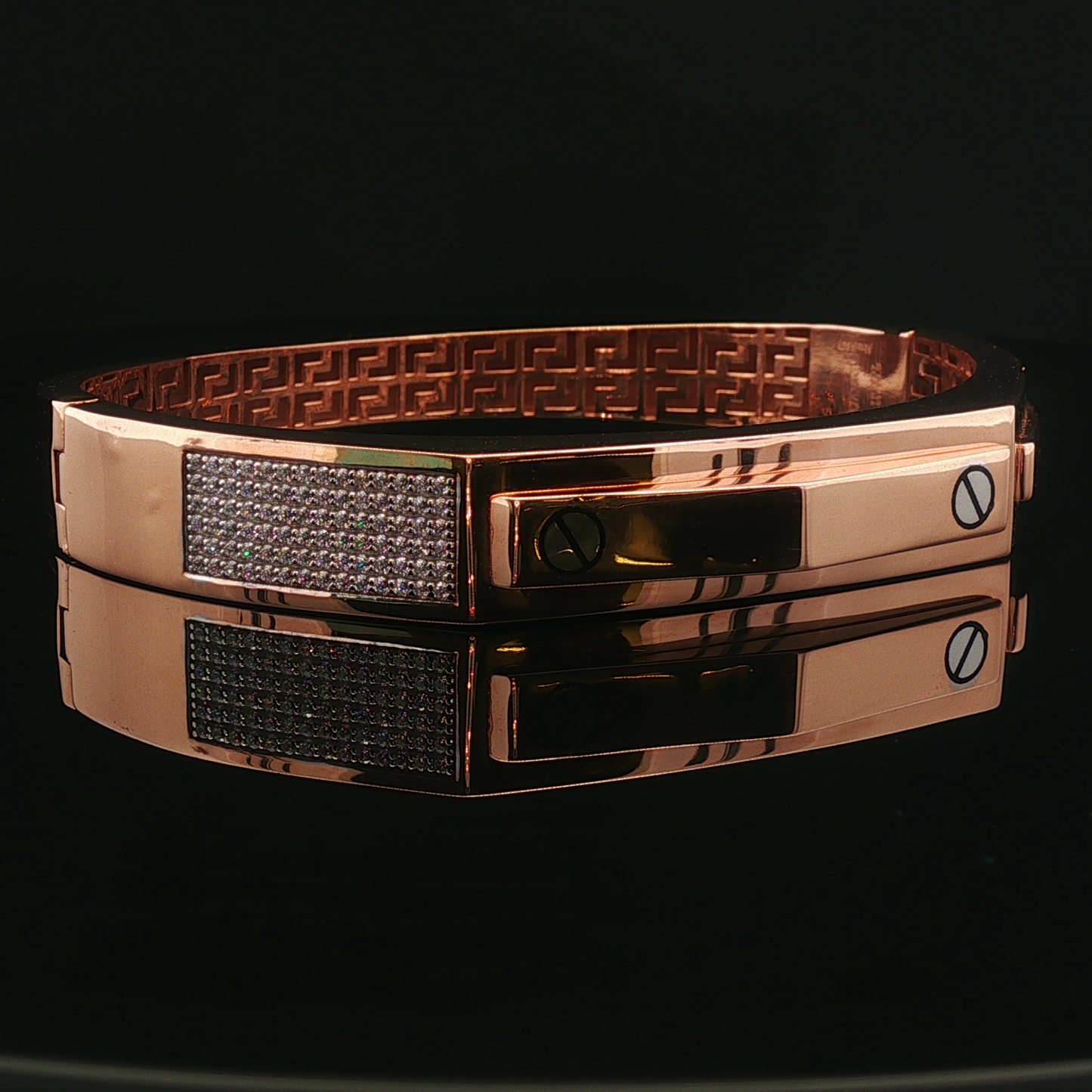 Rose Gold Geometric Diamond Pave Bangle with Greek Key Interior