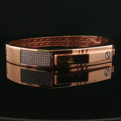 Rose Gold Geometric Diamond Pave Bangle with Greek Key Interior