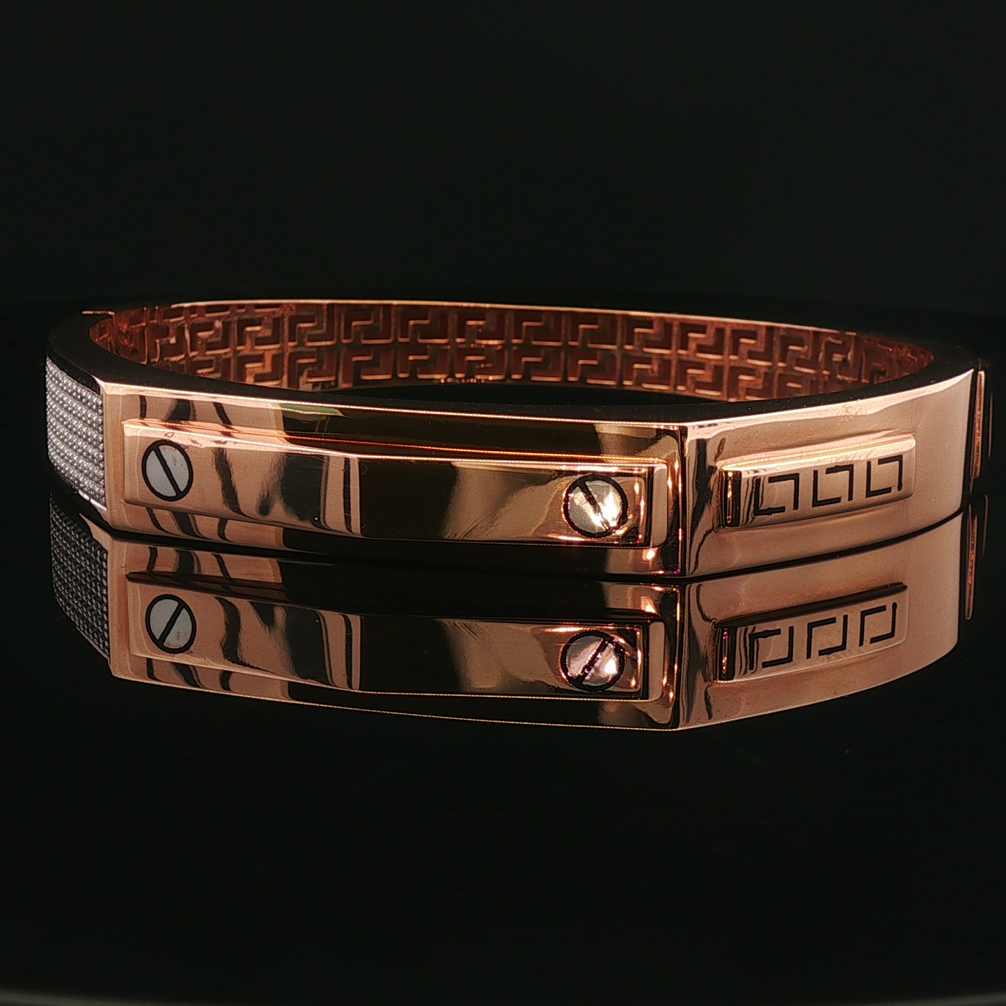 Rose Gold Geometric Diamond Pave Bangle with Greek Key Interior