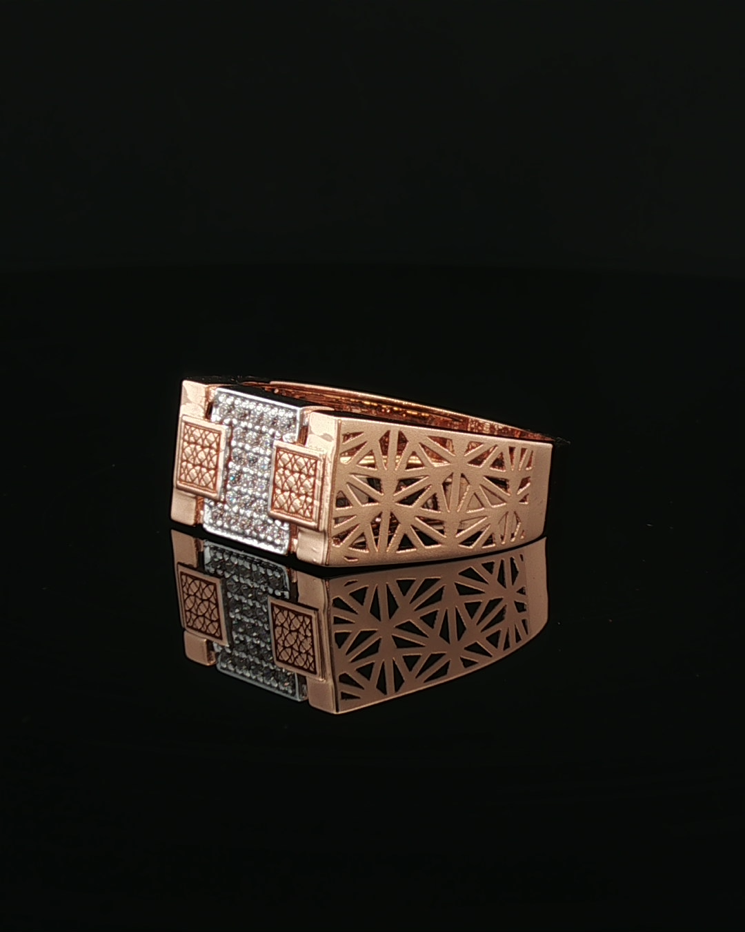 Geometric Tri-Panel Diamond Signet Ring in Rose Gold