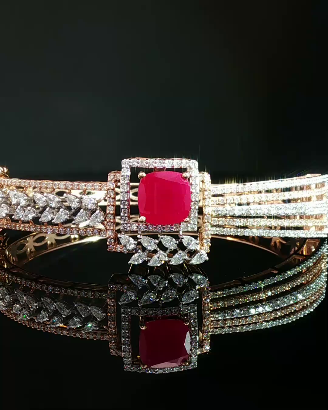 Cushion-Cut Red Ruby and Multi-Cut Diamond Rose Gold Bangle