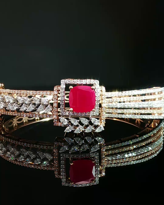 Cushion-Cut Red Ruby and Multi-Cut Diamond Rose Gold Bangle