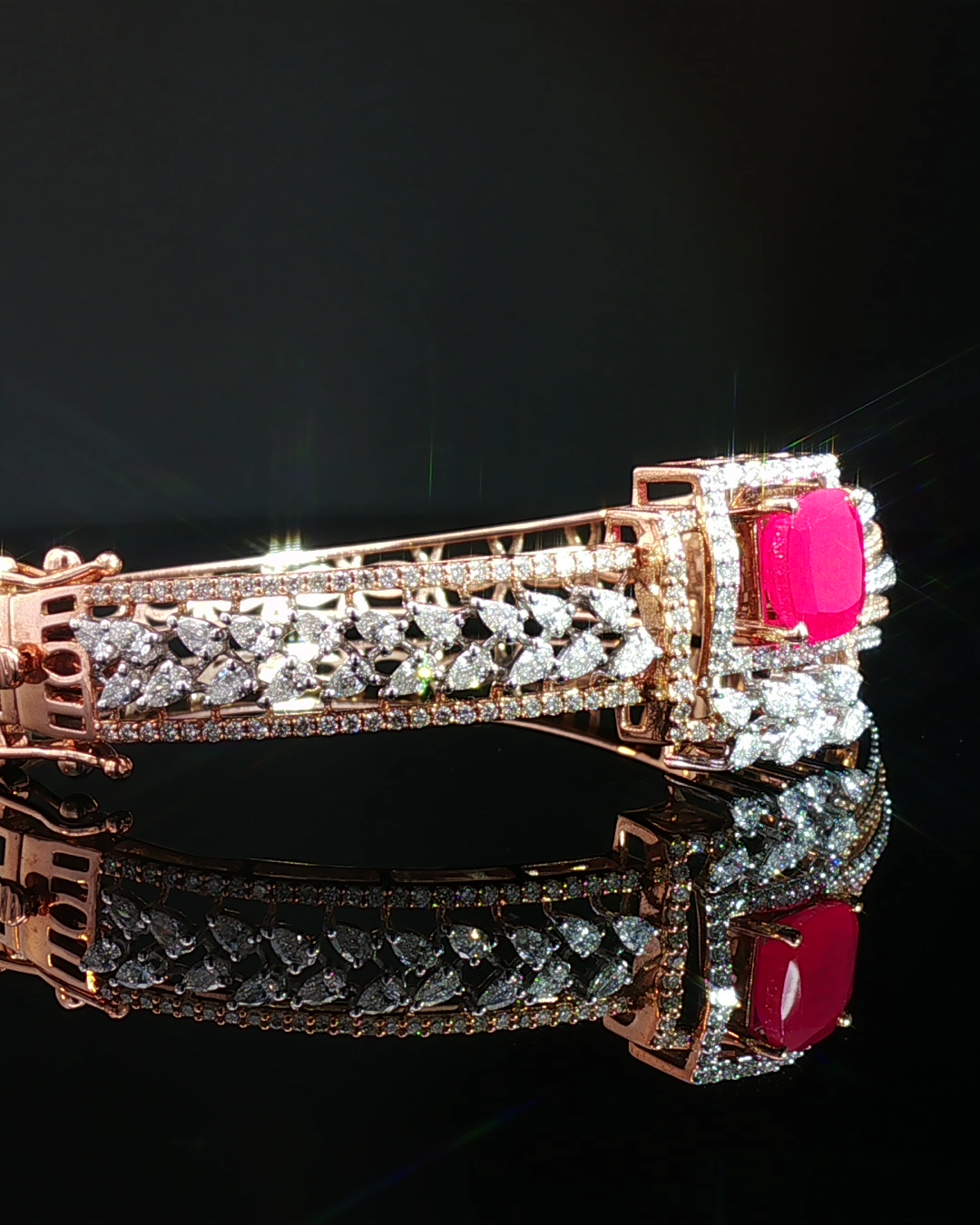 Cushion-Cut Red Ruby and Multi-Cut Diamond Rose Gold Bangle