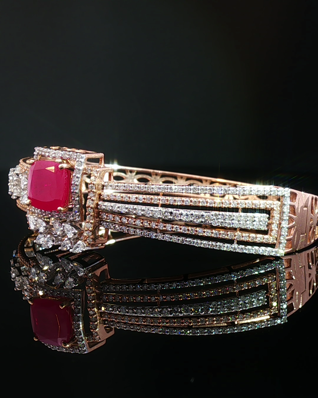 Cushion-Cut Red Ruby and Multi-Cut Diamond Rose Gold Bangle