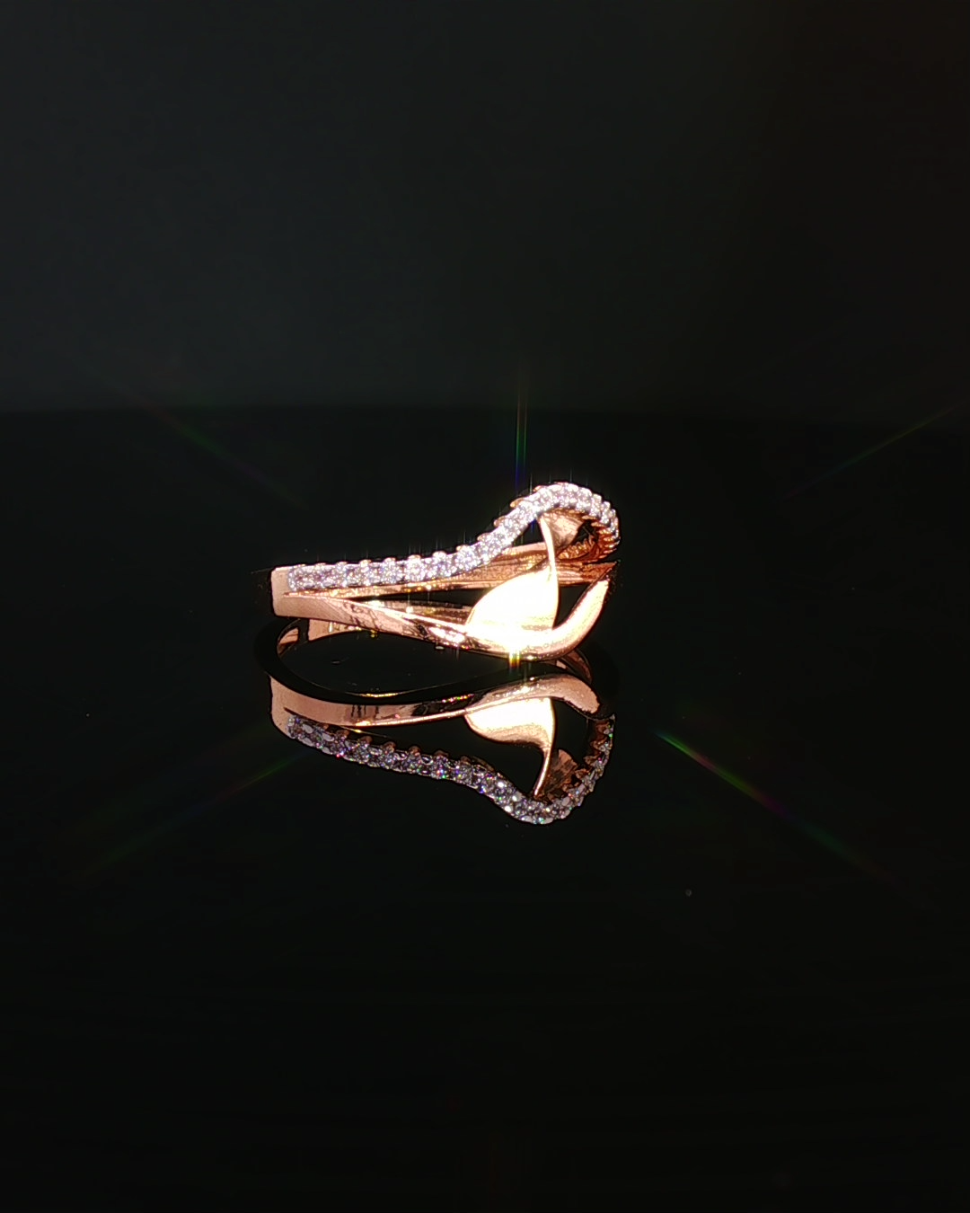 Sculptural Rose Gold American Diamond Bypass Cocktail Ring