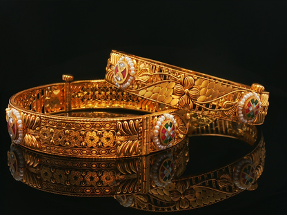 Ornate Yellow Gold Filigree Bangles with Pearl Accents and Mosaic Inlay
