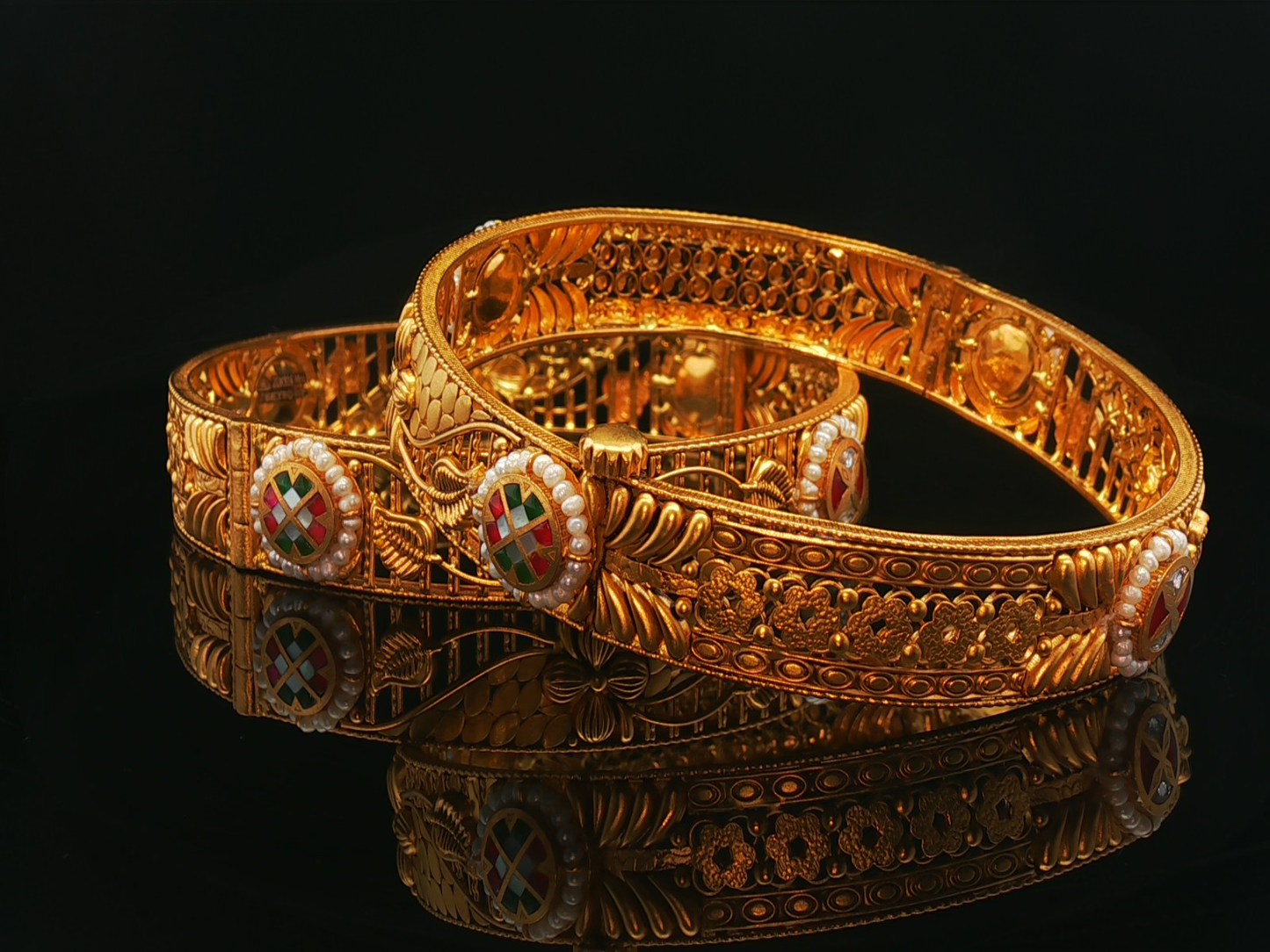 Ornate Yellow Gold Filigree Bangles with Pearl Accents and Mosaic Inlay