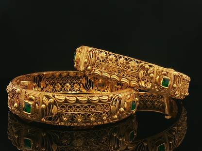 Ornate Yellow Gold Filigree Bangles with Square Cabochon Emeralds