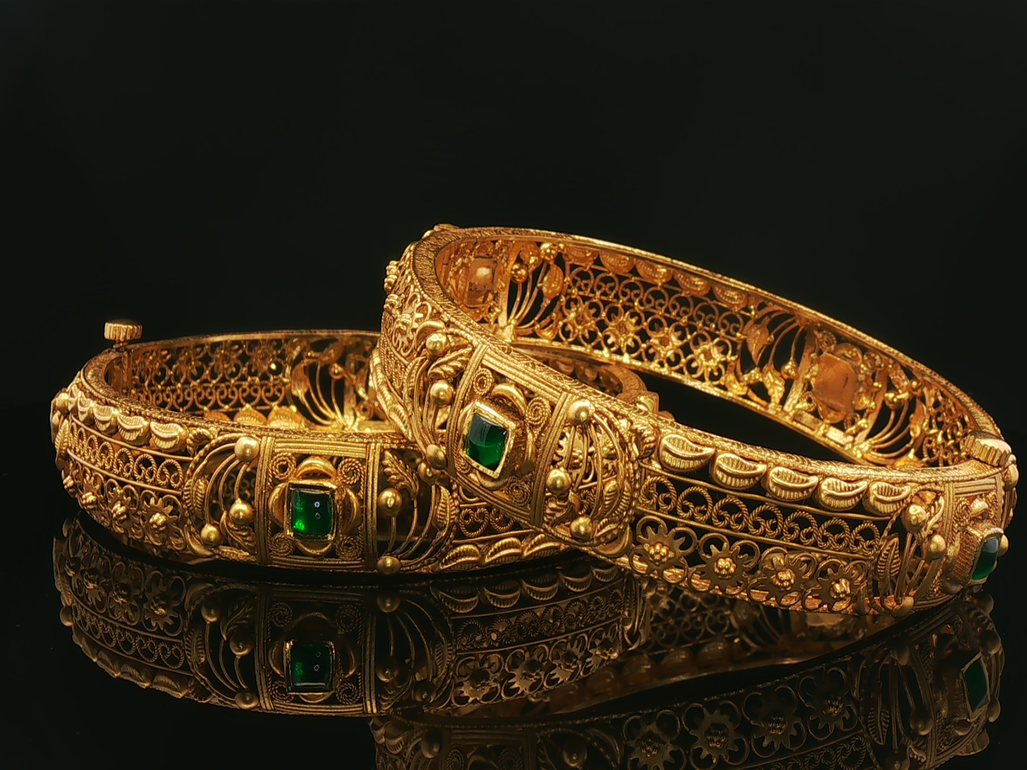 Ornate Yellow Gold Filigree Bangles with Square Cabochon Emeralds