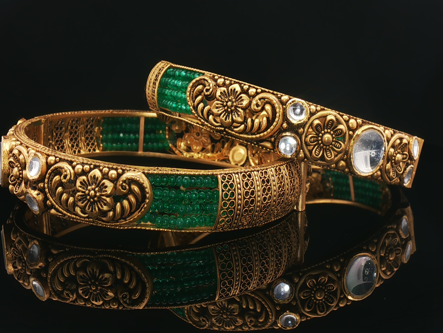 Ornate Yellow Gold Floral Bangle Set with Emerald Beads and Clear Accents