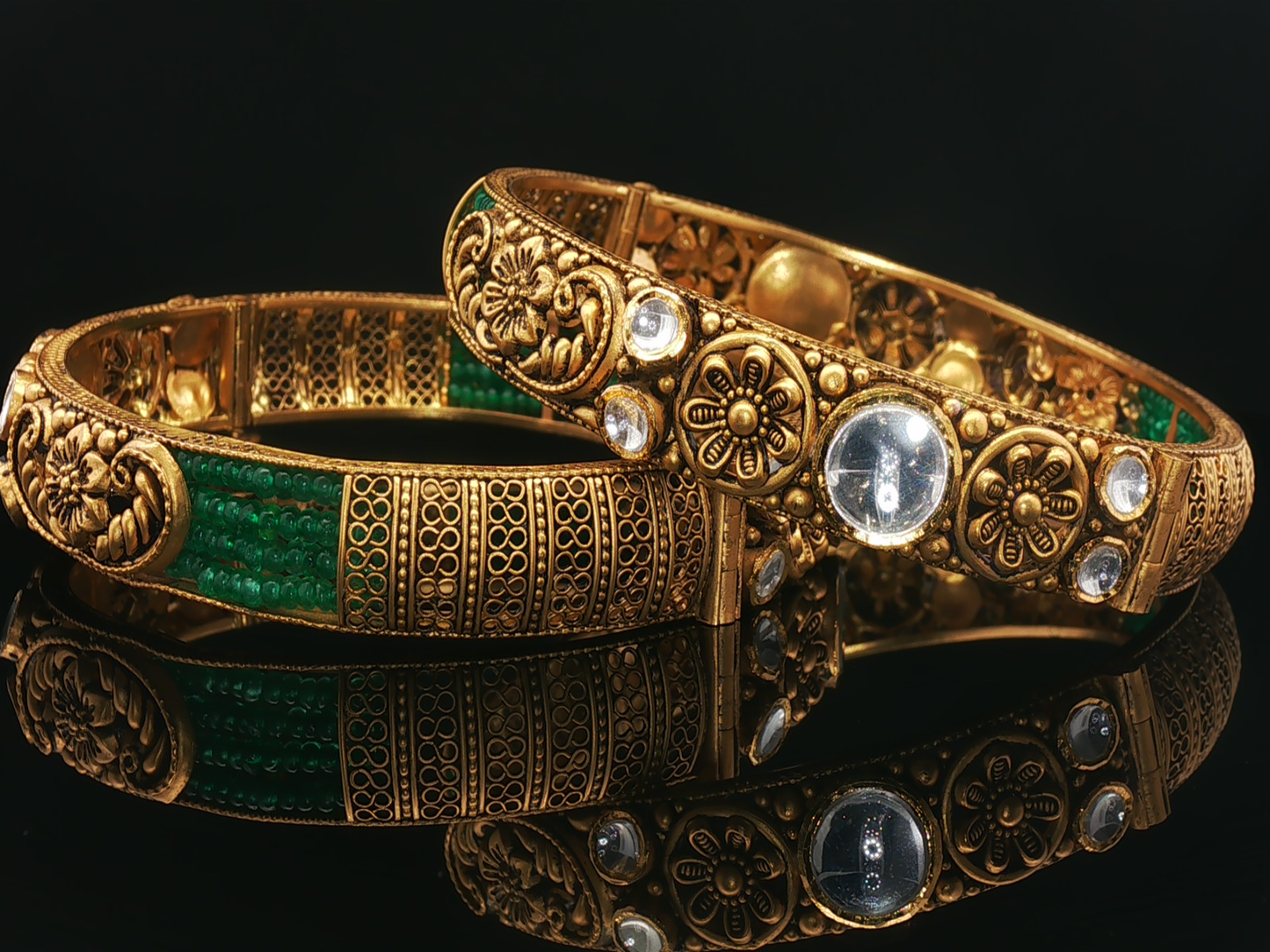Ornate Yellow Gold Floral Bangle Set with Emerald Beads and Clear Accents