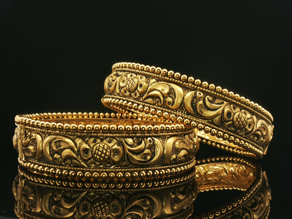 Ornate Antique Style Yellow Gold Engraved Bangles with Beaded Bordered Pair
